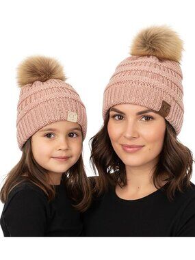 Cozy Knit Mommy & Me Pom Beanies Set - Stylish Winter Hats for Women & Toddlers